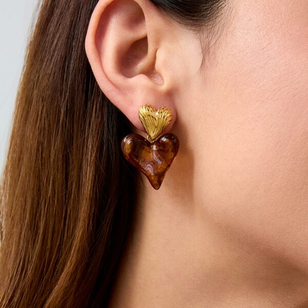 Boucles d'oreilles DUO DE COEUR en acier inoxydable et acrylique maron élégantes et durables pour un look sophistiqué